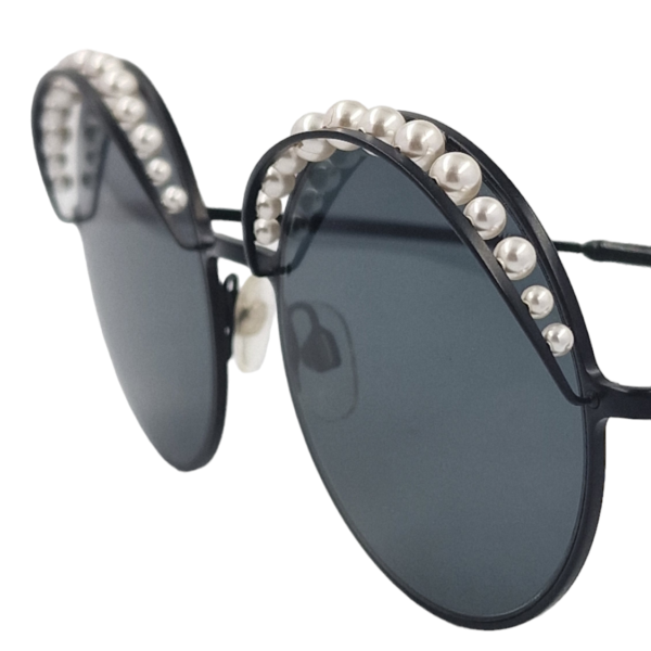 gafas monturas sol chanel 4234-h redondo metal perlas negro gris optica hermo